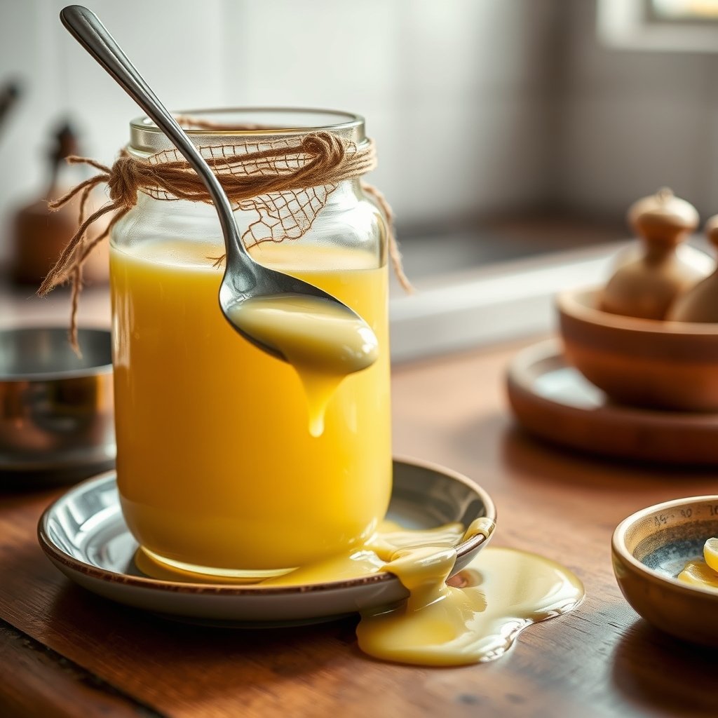 A close-up shot of grainy, golden A2 Gir cow ghee in a glass jar, showing its natural danedar texture.