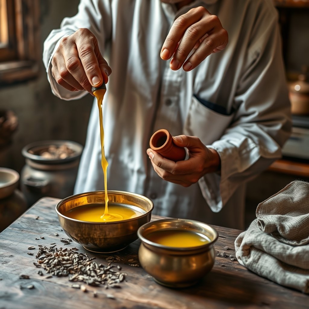 Golden bilona ghee poured over a warm bowl of khichdi in a traditional brass bowl