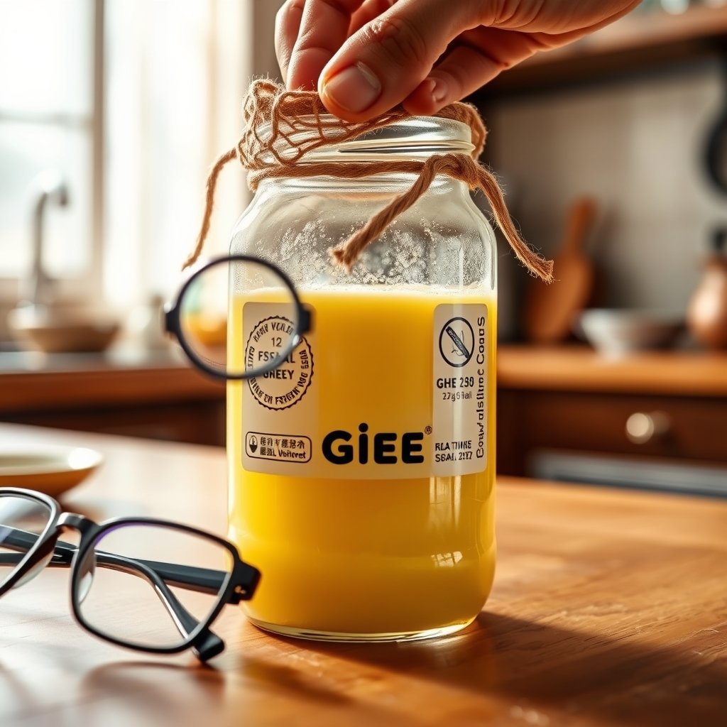 A clear glass jar of golden A2 Gir cow ghee sitting beside a wooden spoon on a clean kitchen counter.
