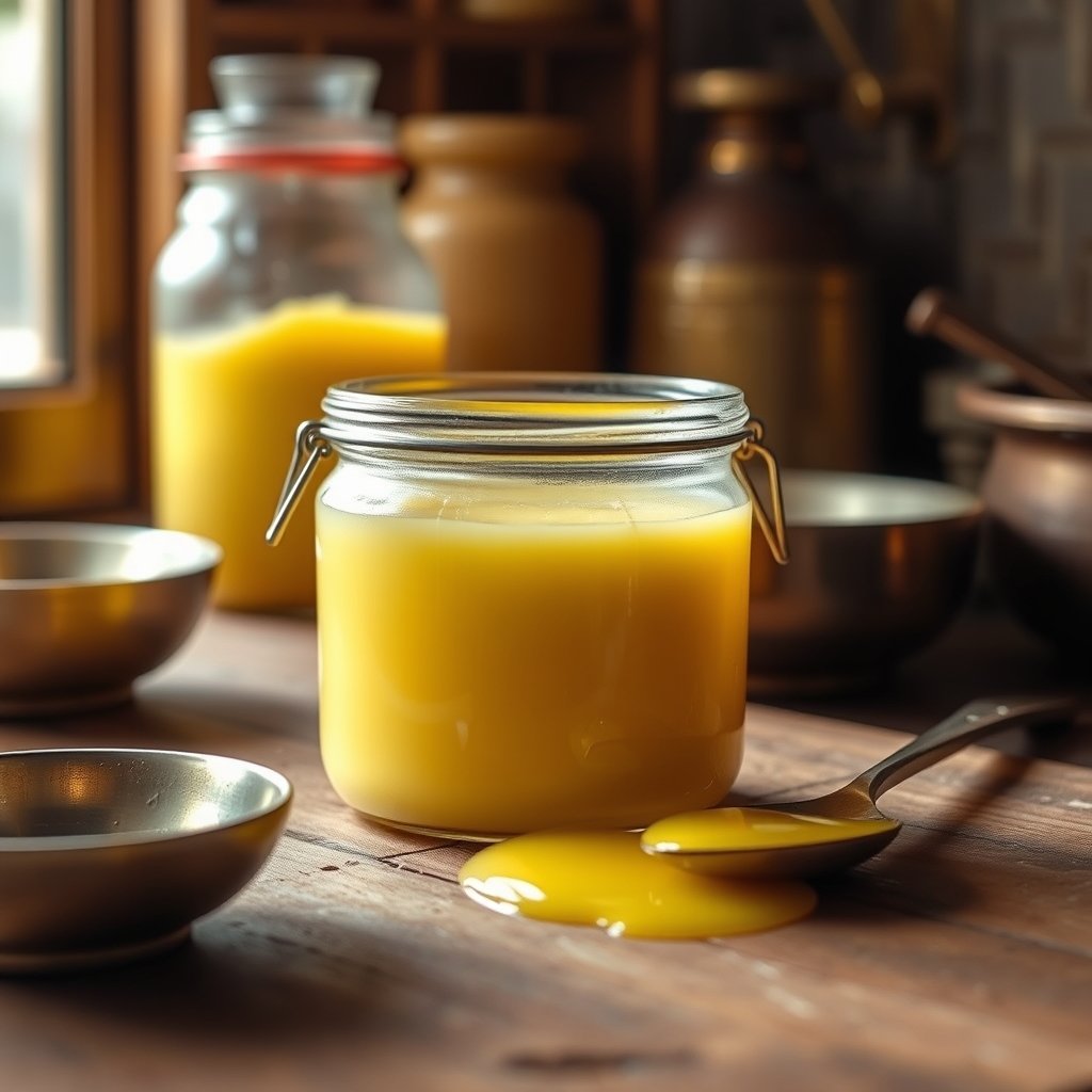 Golden liquid ghee being filtered through a fine strainer, leaving behind light brown milk solids