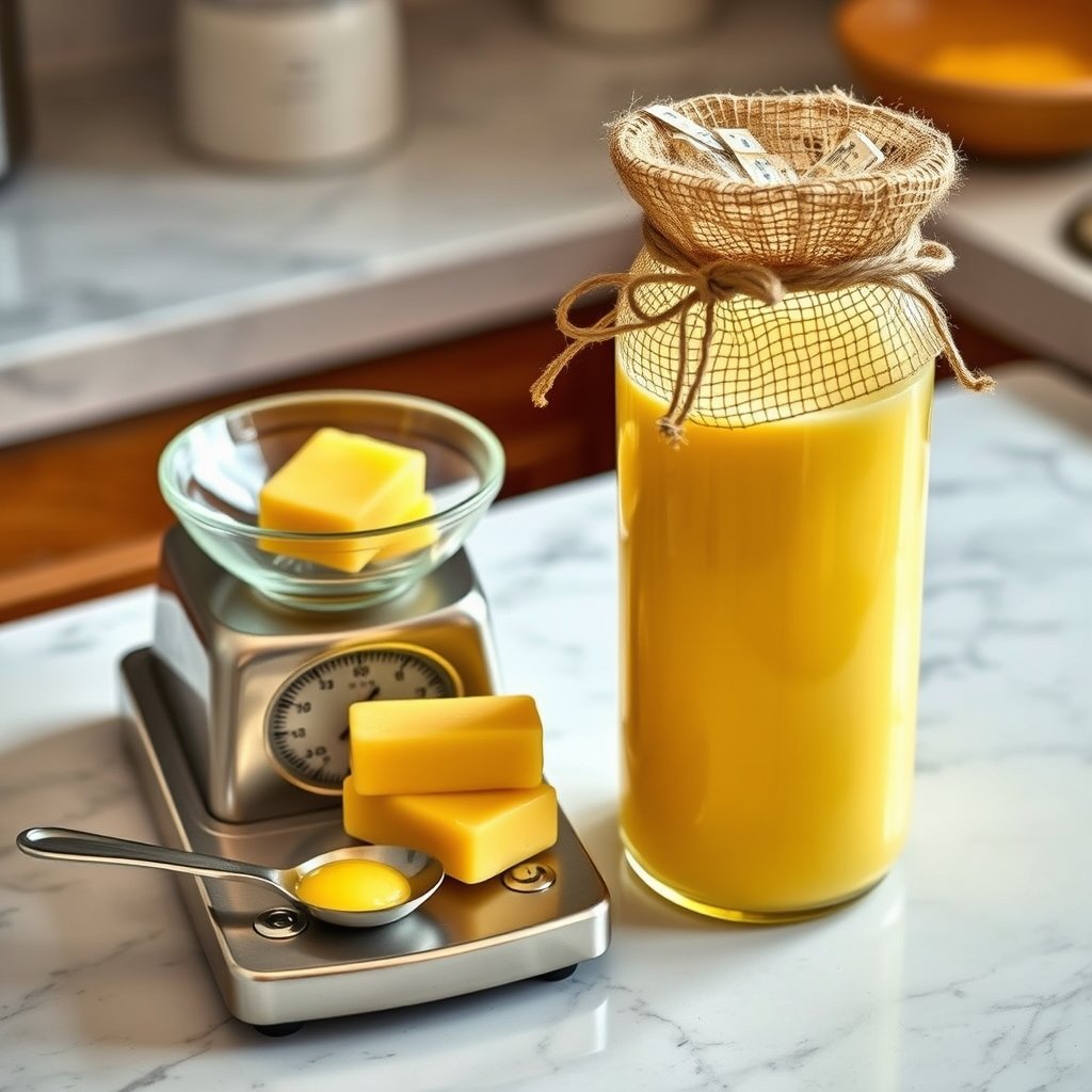 A glass jar of golden grainy bilona ghee surrounded by whole spices and fresh curd in a traditional wooden kitchen setup