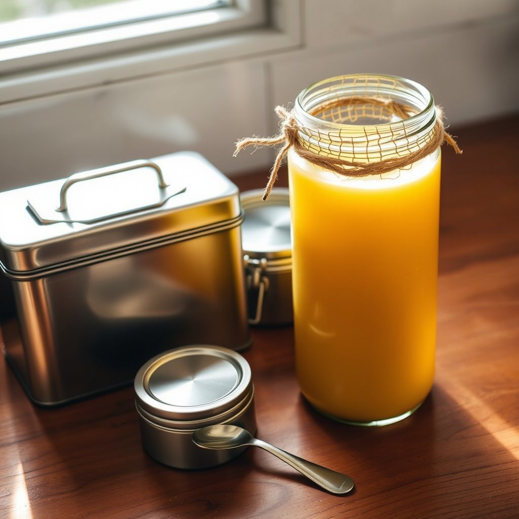 A 500ml glass jar of golden grainy bilona ghee resting on a wooden kitchen counter beside two brass spoons