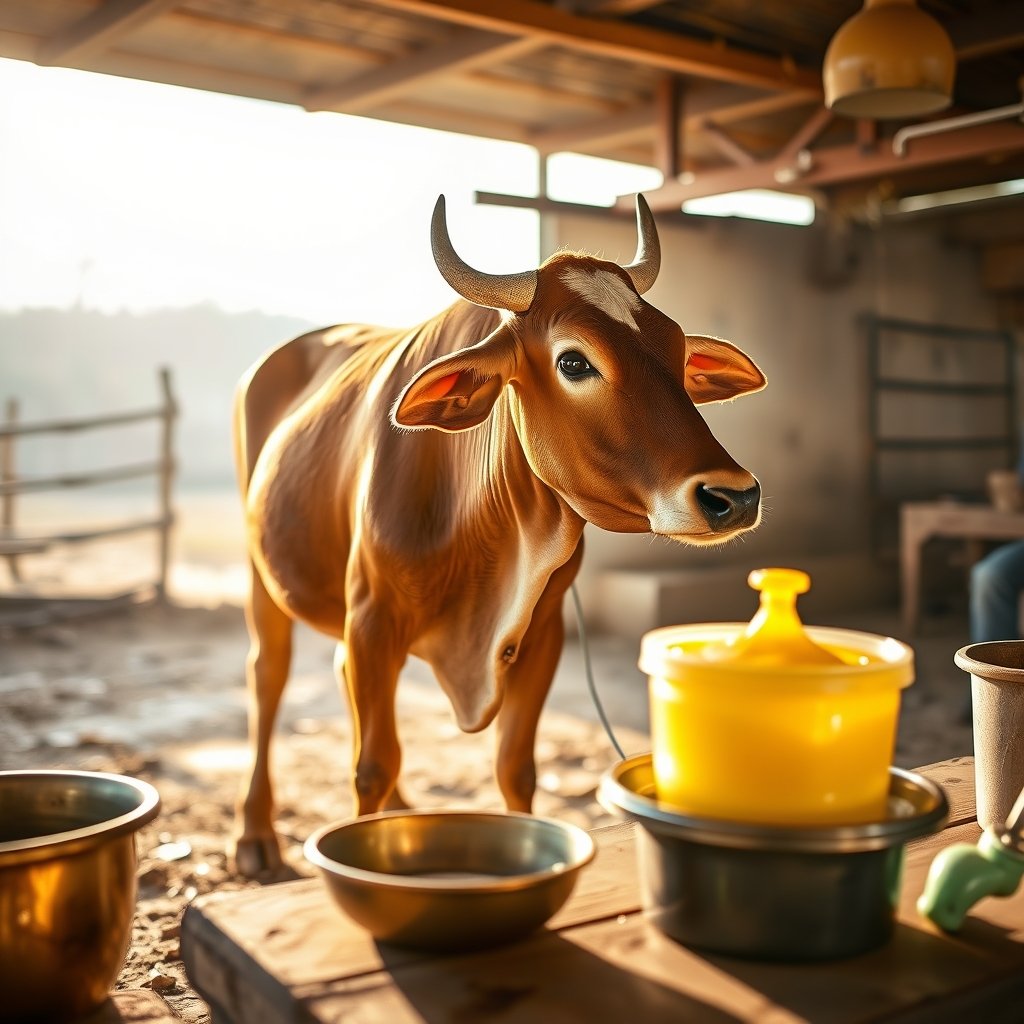 Close-up of a Gir cow showing its curved horns and rounded forehead in warm sunlight