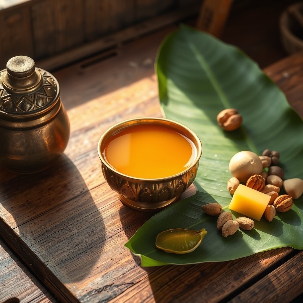 A jar of golden bilona ghee sitting next to fresh clay pots, whole grains, and fresh green herbs on a rustic wooden table.