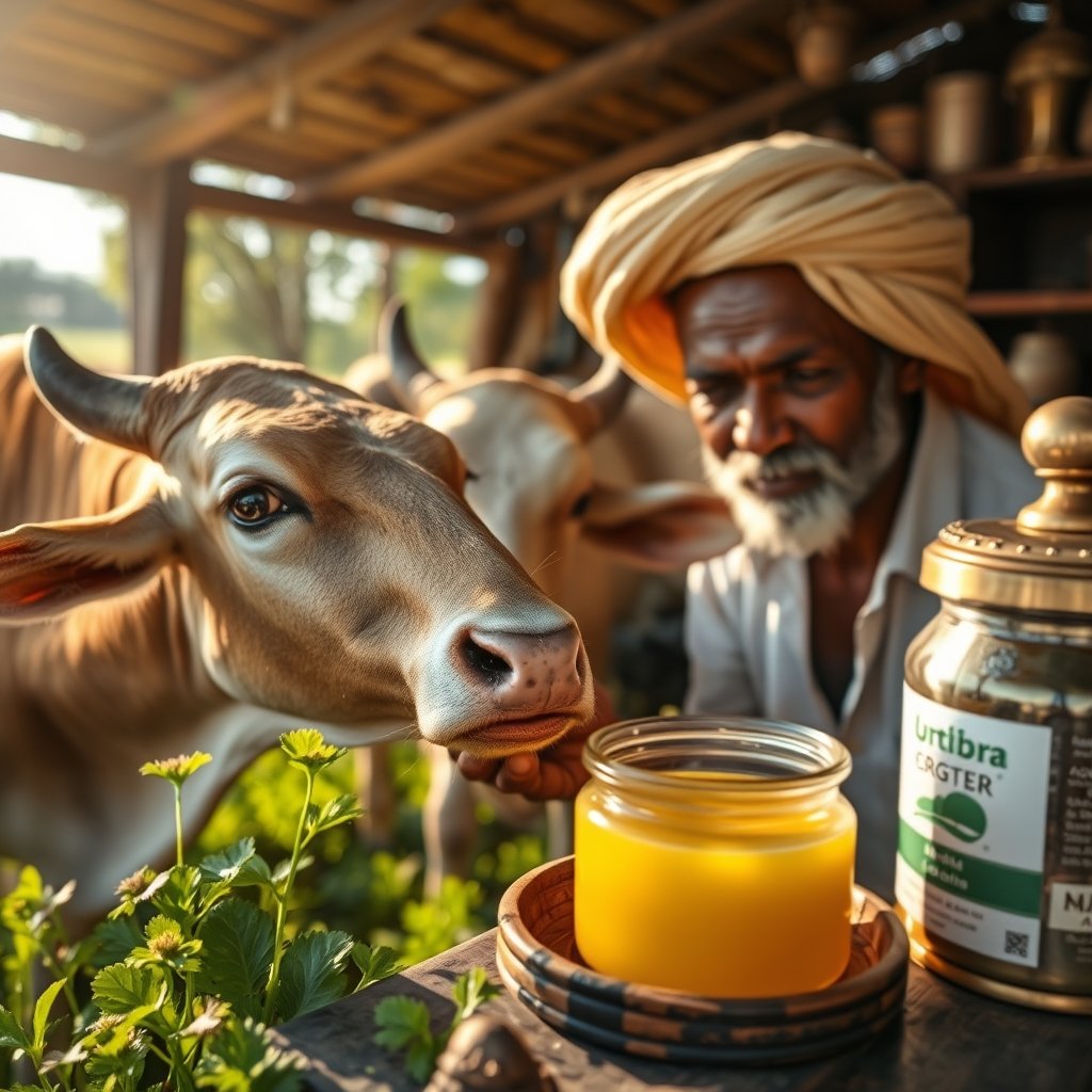 A glass jar of golden organic A2 Gir cow ghee on a rustic wooden kitchen counter next to whole spices and a wooden churn.