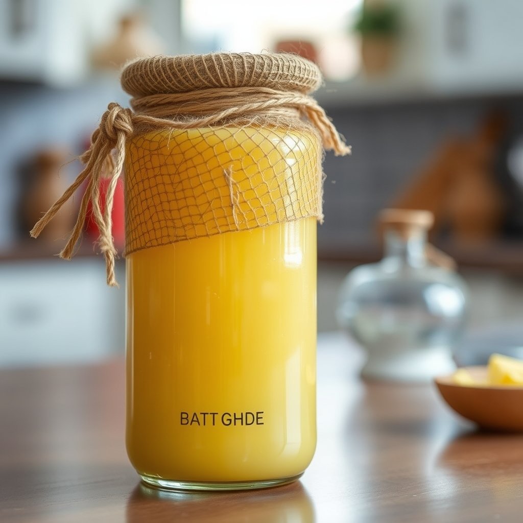 A glass jar of A2 Gir cow ghee sitting beside a small brass spoon on a wooden kitchen counter
