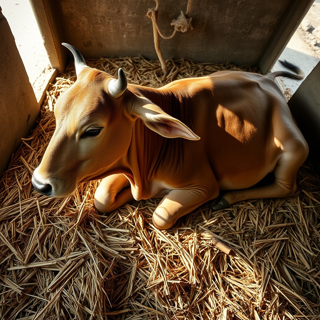 An A2 Gir cow resting peacefully in a shaded farm shed with fresh fodder.