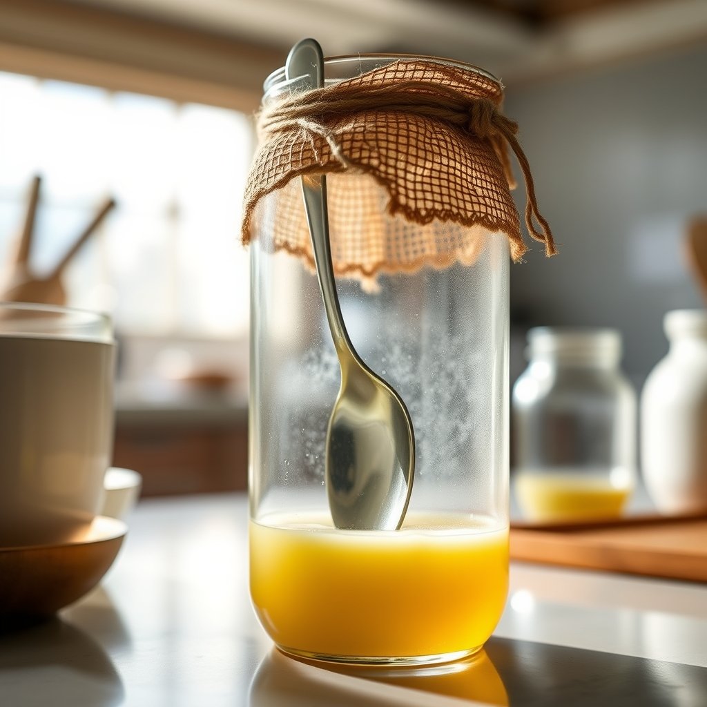 A glass jar of golden A2 bilona ghee sitting on a wooden kitchen counter with a brass spoon