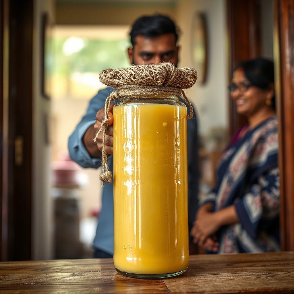 A glass jar of grainy golden A2 Gir cow ghee placed on a kitchen counter in a Delhi home