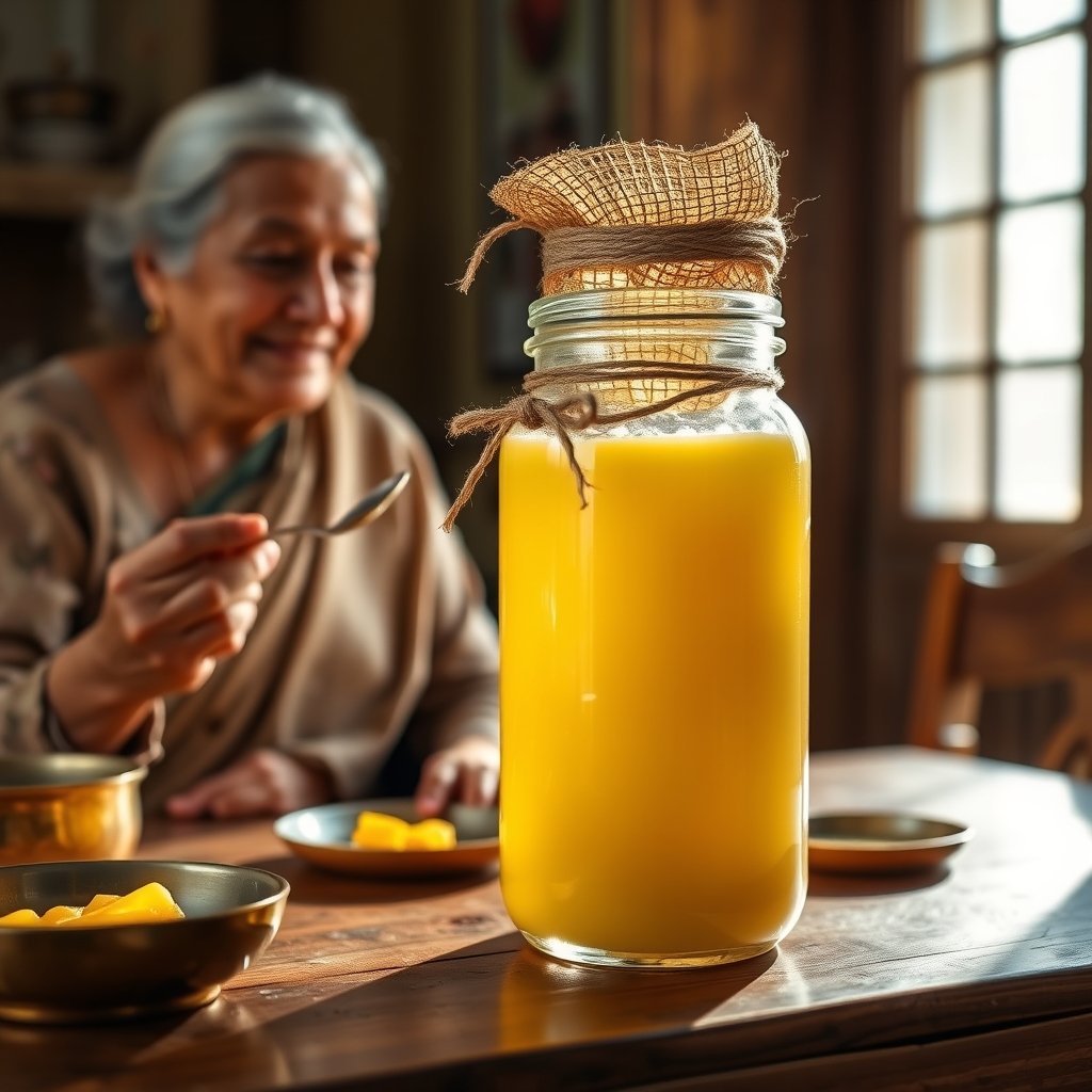 A close up of golden granular A2 Gir cow ghee in a traditional brass bowl with a wooden spoon.