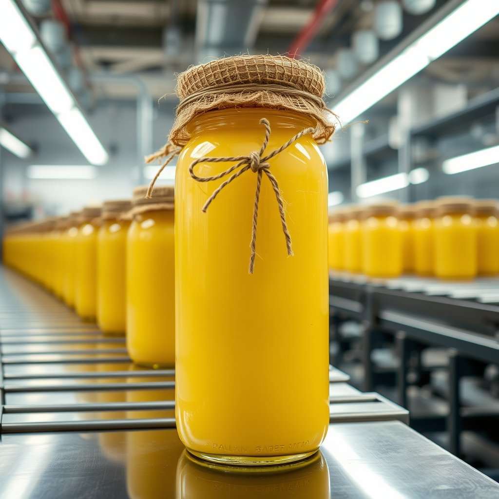 A sealed glass jar of golden A2 Gir cow ghee sitting beside contract papers and a pen