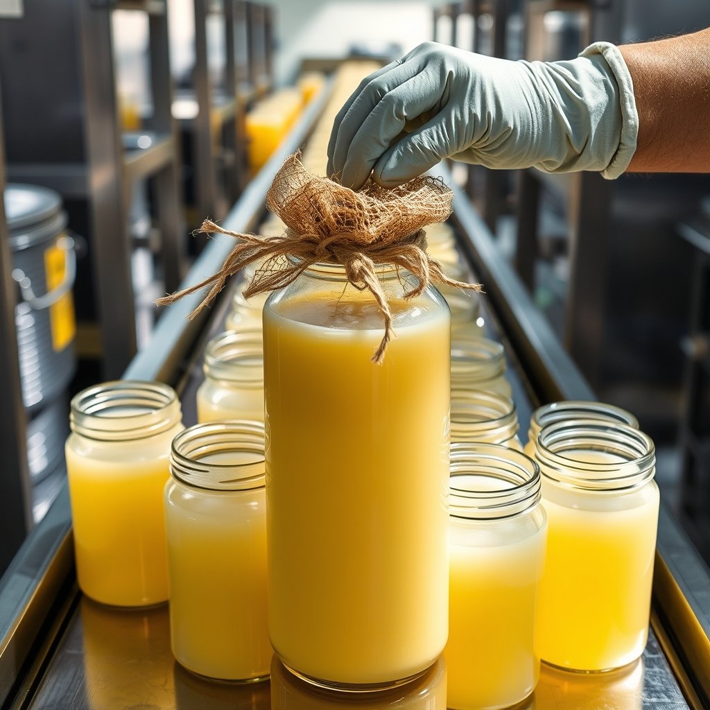 Rows of sealed glass jars of A2 Gir cow bilona ghee ready for brand labeling
