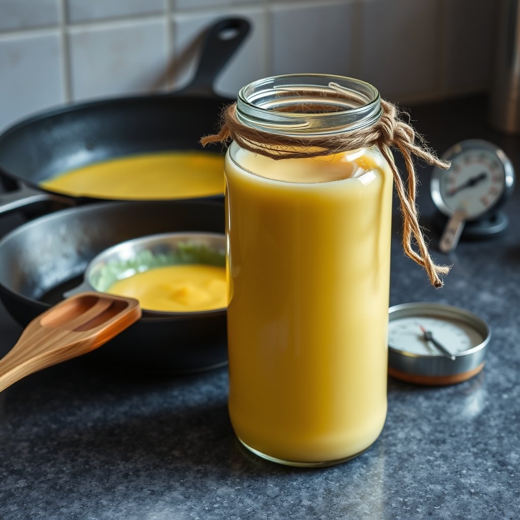 A jar of golden bilona ghee next to a traditional wooden churner on a rustic kitchen counter.