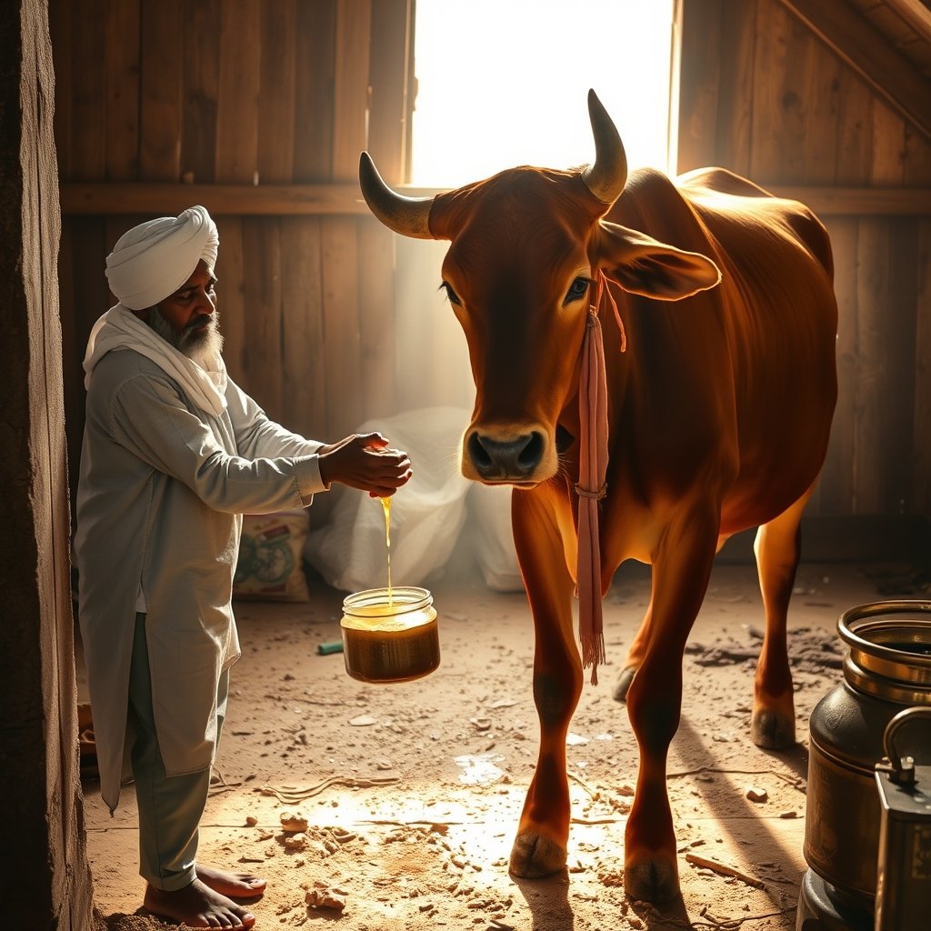 A close-up photograph of golden A2 Gir cow bilona ghee being slowly poured from a wooden ladle into a traditional clay jar inside a rustic Indian kitchen.