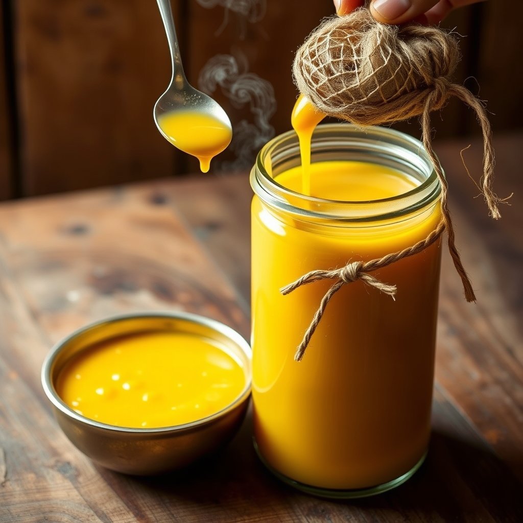 A brass spoon ladling golden bilona cow ghee into a hot bowl of yellow dal tadka garnished with coriander.