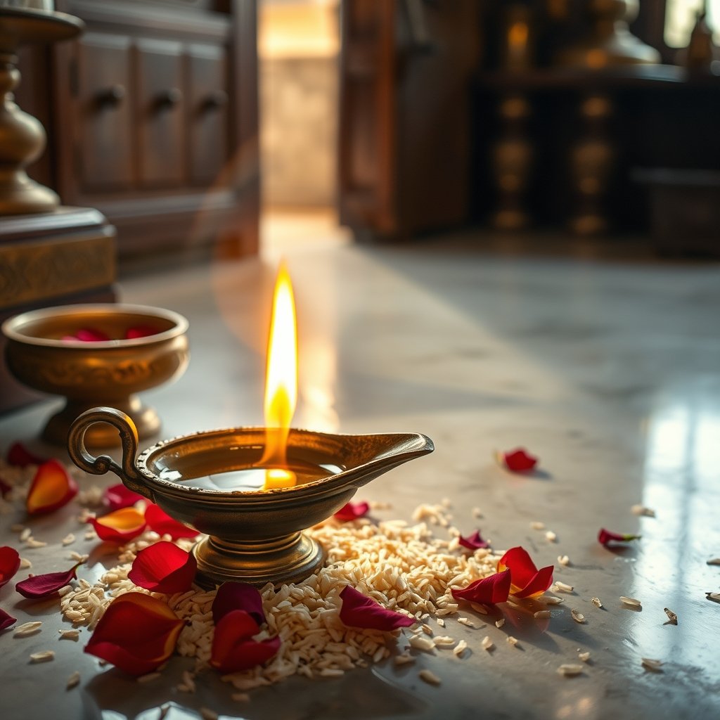 A traditional brass oil lamp filled with golden bilona ghee and lit with a cotton wick.