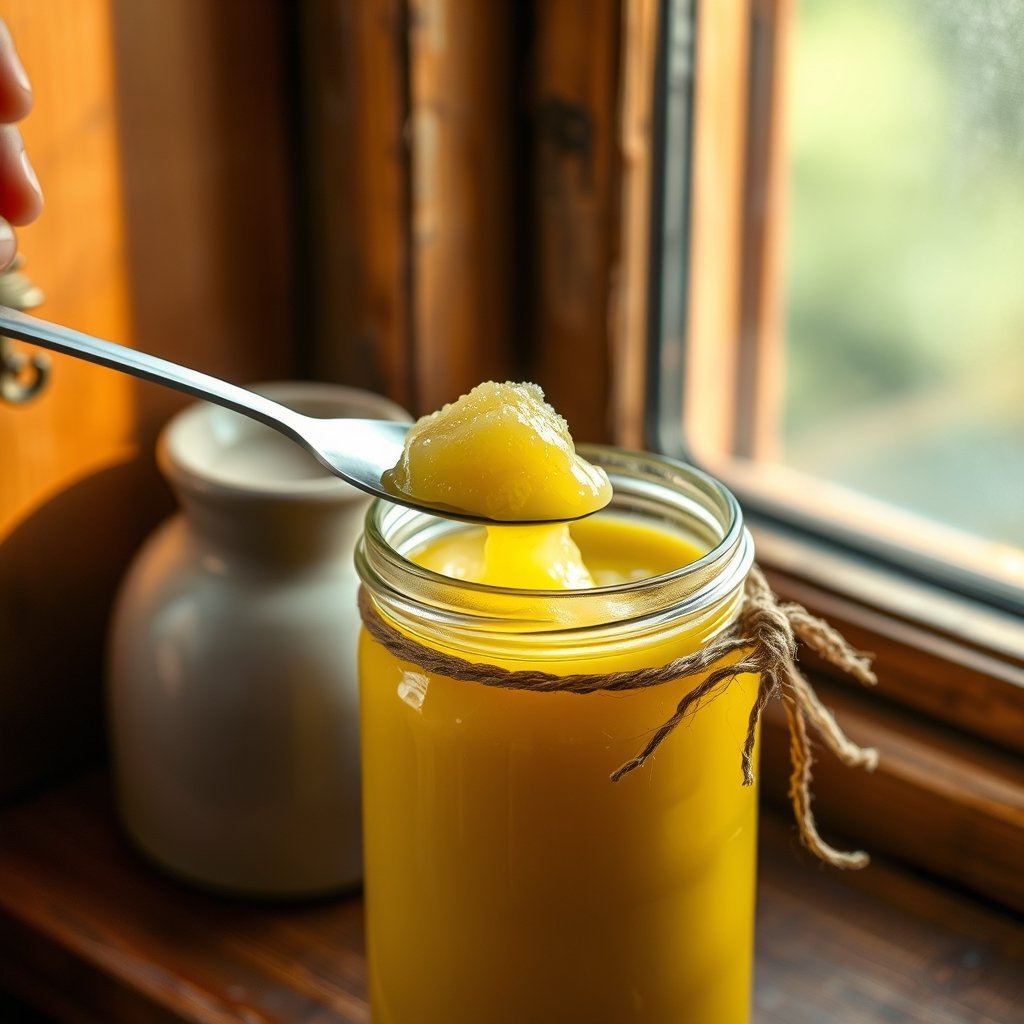 A ceramic jar of golden grainy ghee resting on a wooden kitchen counter beside a clean dry spoon