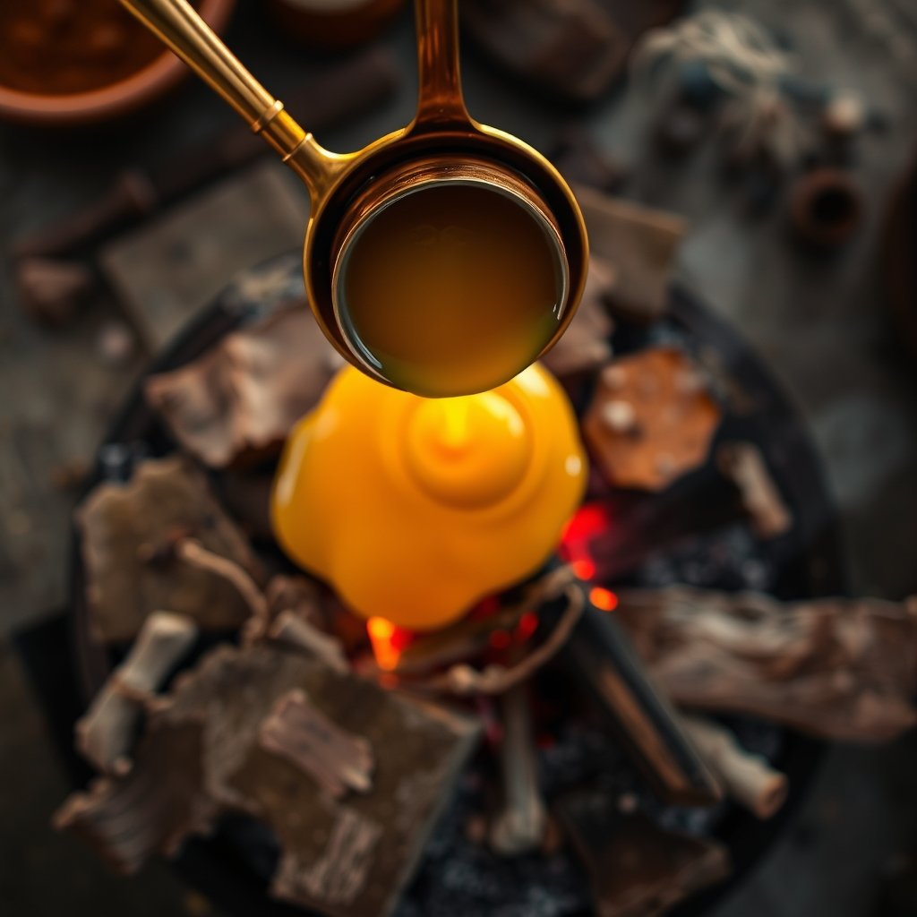 A close-up of golden A2 Gir cow ghee being poured from a wooden spoon into a sacred havan fire with wood and herbs.