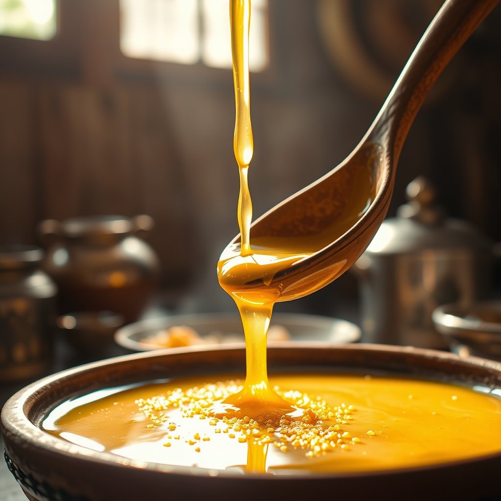 A close-up shot of golden, grainy bilona ghee in a glass jar, showing its rich danedaar texture under warm kitchen lighting