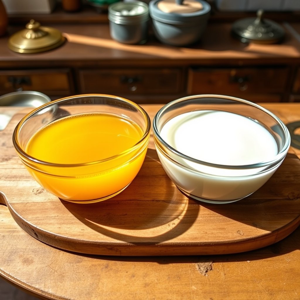 Two glass jars of ghee side by side, one containing golden yellow A2 cow ghee and the other containing white buffalo ghee, on a rustic wooden table.