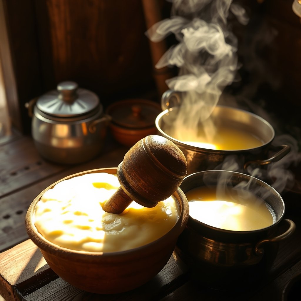 A wooden bilona churn inside a traditional clay pot containing fresh curd for making A2 Gir cow ghee.