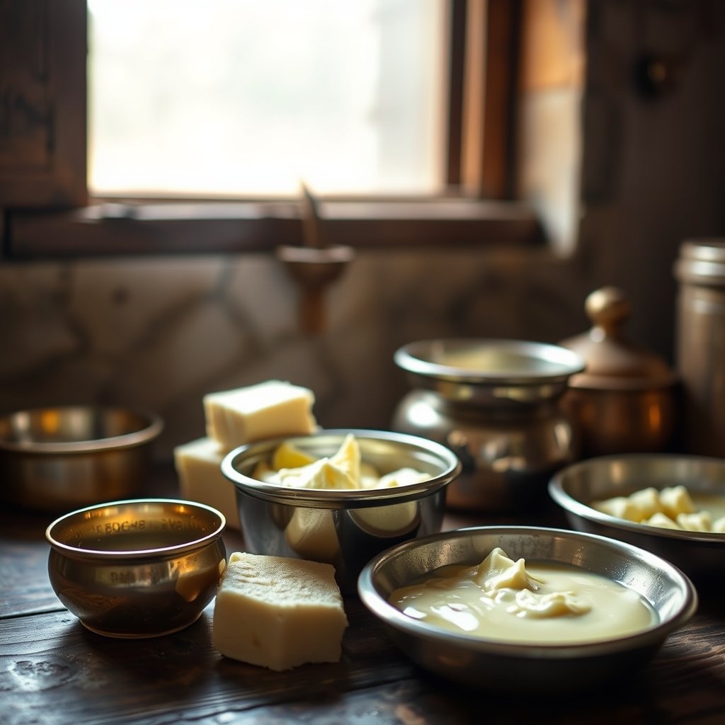 Traditional wooden bilona churn submerged in a large clay pot filled with whole milk curd