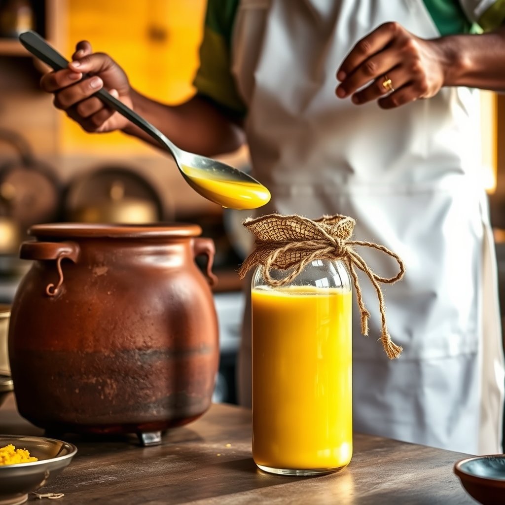 Freshly churned A2 Gir cow butter simmered slowly in a brass vessel to make fresh bilona ghee