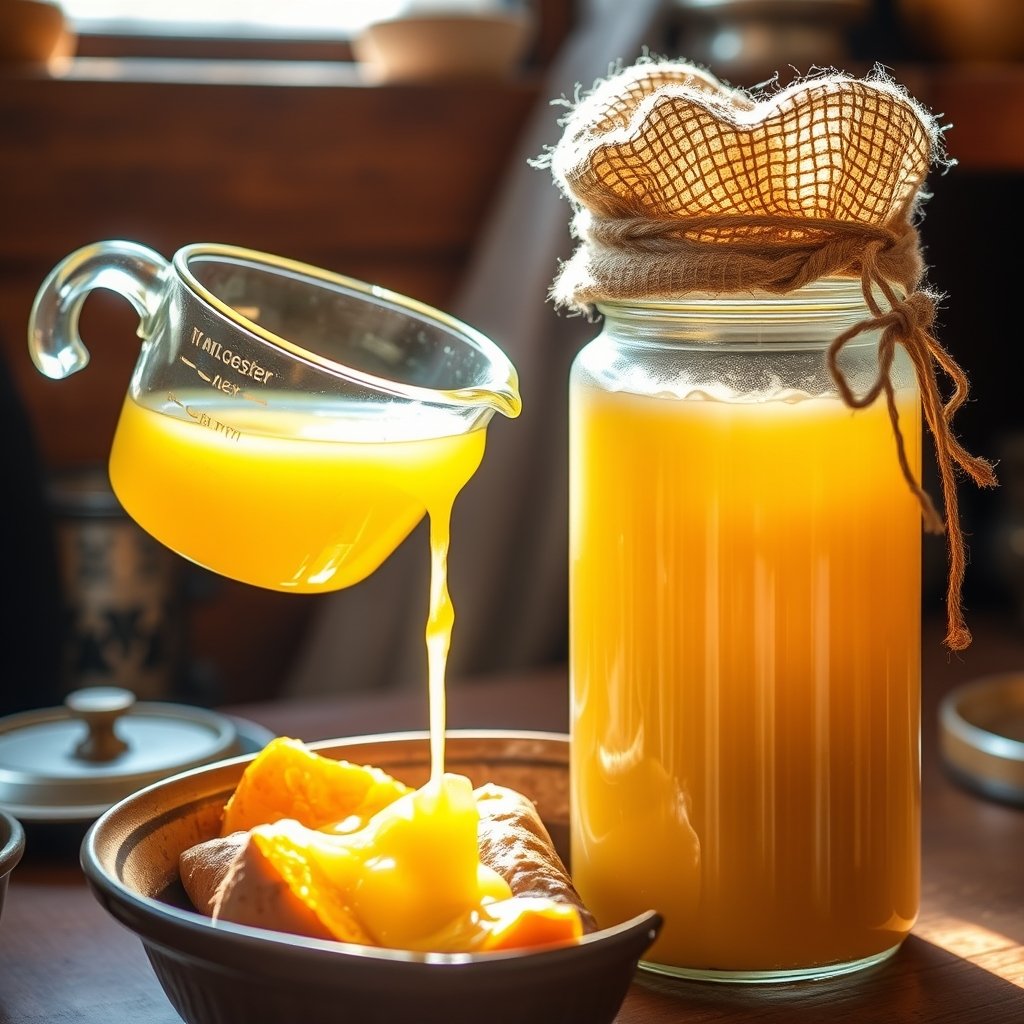 A glass jar of warm, clear golden A2 Gir cow bilona ghee sitting beside a brass spoon on a wooden kitchen counter