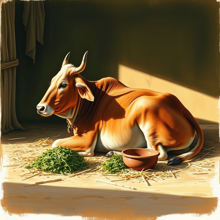 A painted illustration of an elderly Gir cow resting on straw, with fresh
                      green fodder and a clay water bowl set out in front of her