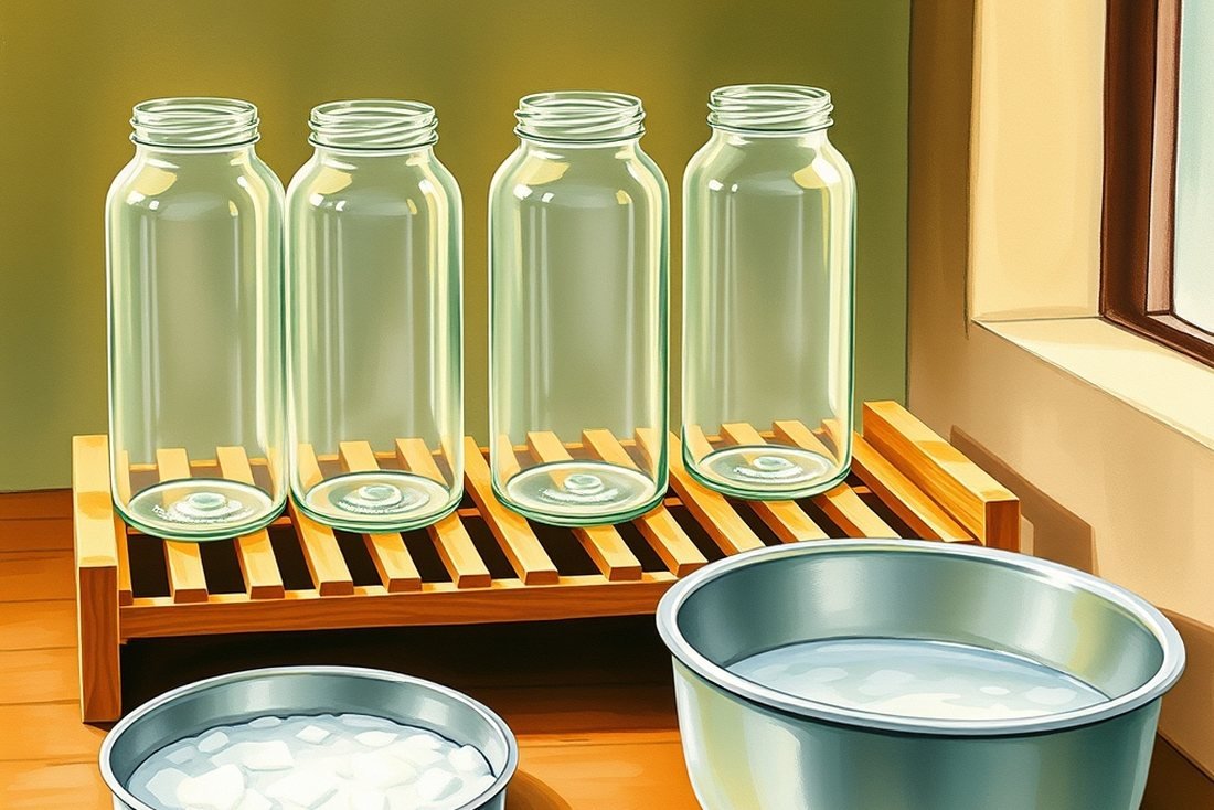 A painted illustration of returned glass ghee jars washed clean and
                    standing upside down on a draining rack, ready to be used again