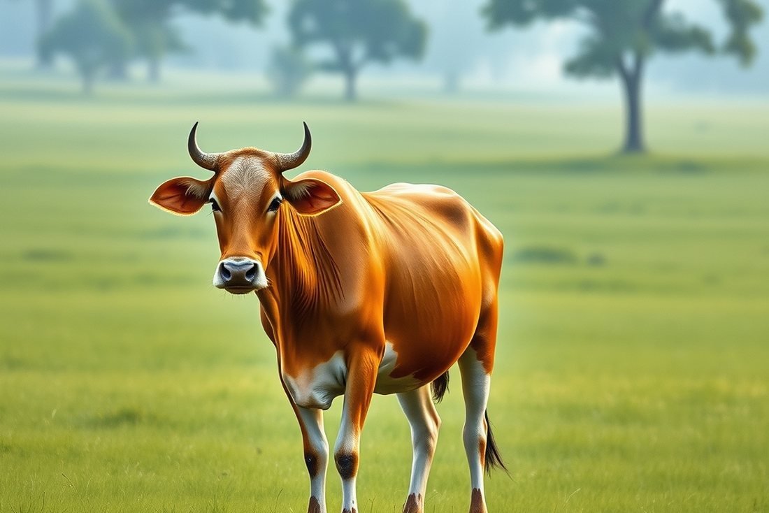 Painted illustration of a Gir cow grazing on open pasture