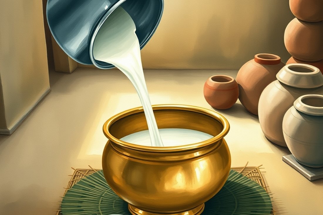 Painted illustration of an Indian village morning with fresh milk in brass pots