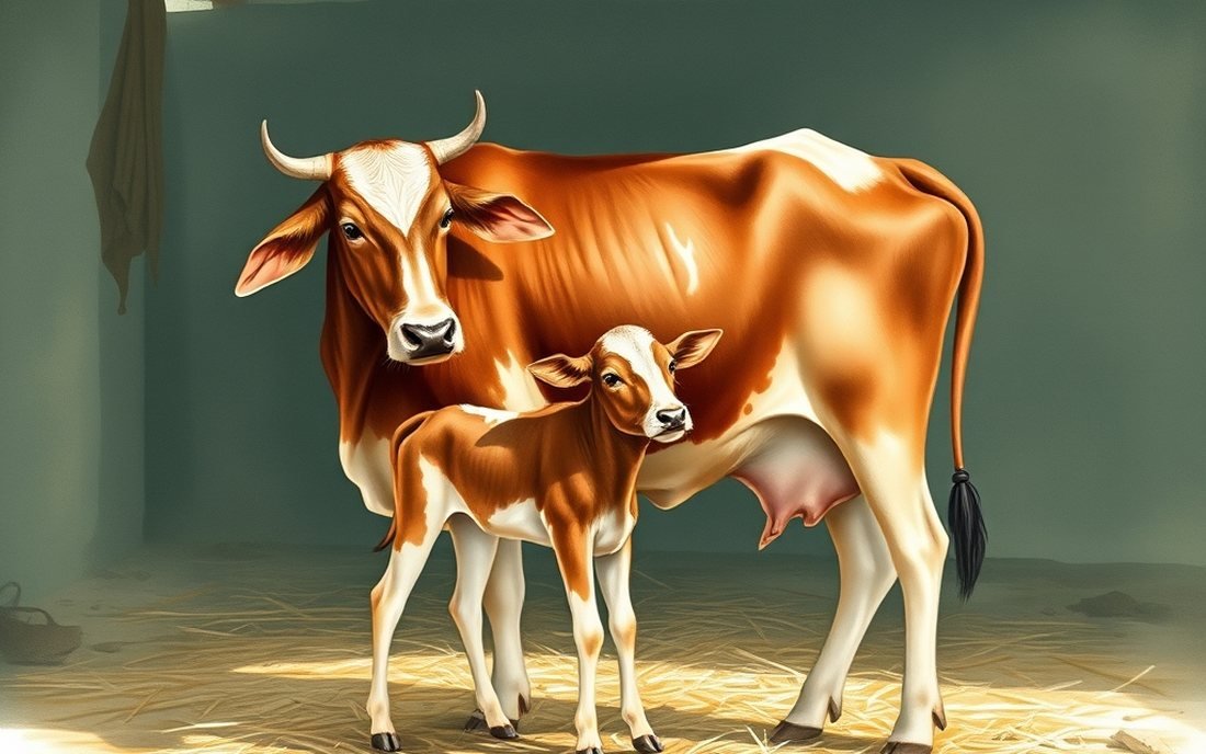 Painted illustration of a calf nursing from its mother before milking