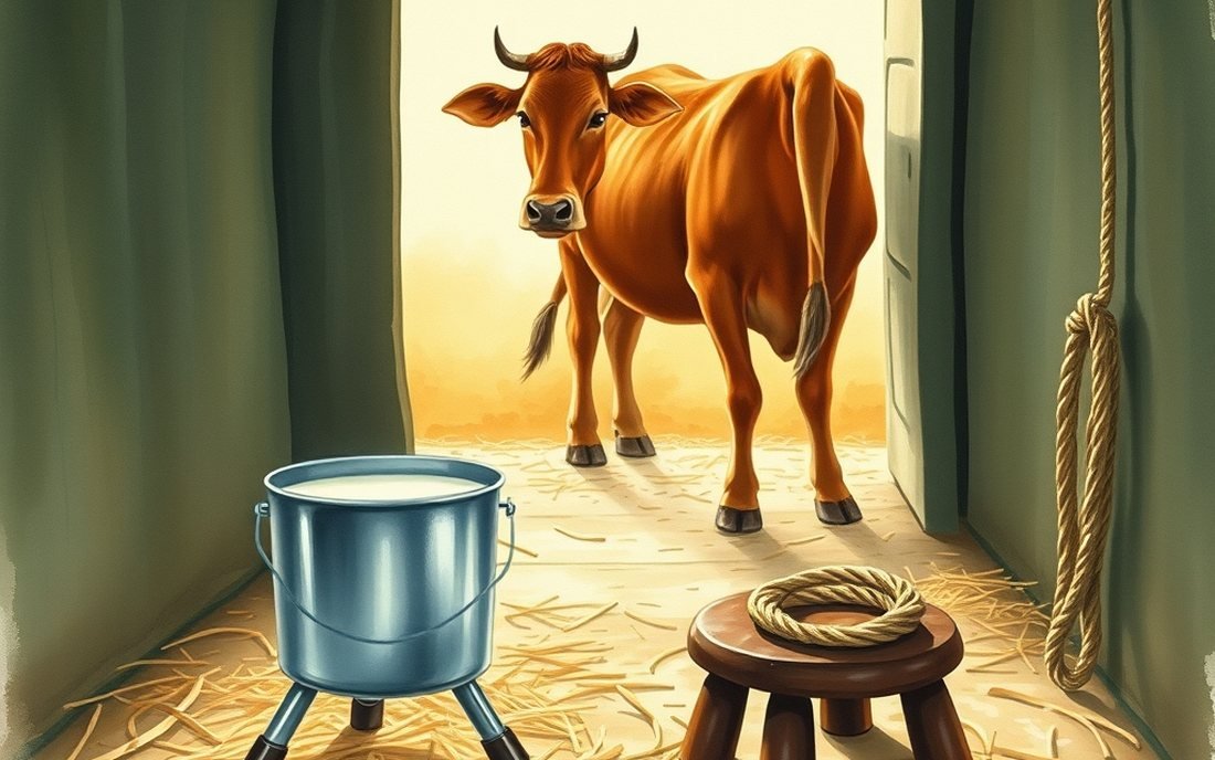 Painted illustration of fresh milk being hand-collected from a Gir cow