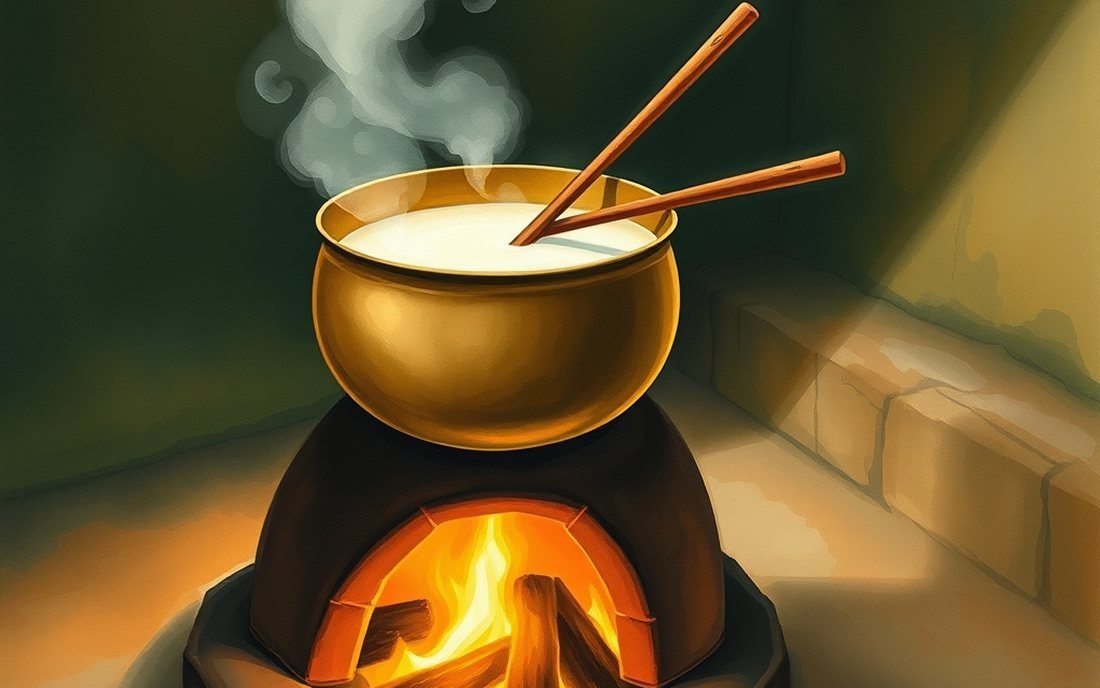Painted illustration of milk coming to a boil in a heavy brass vessel
