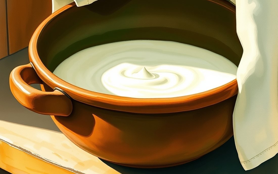 Painted illustration of curd setting overnight in an earthen clay pot