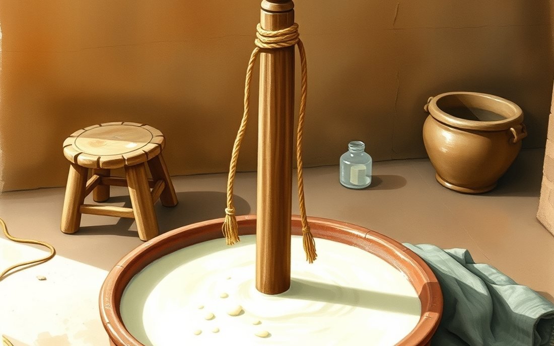 Painted illustration of curd being hand-churned with a wooden bilona