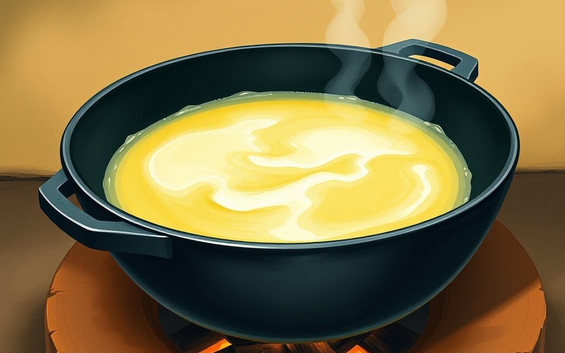 Painted illustration of butter simmering slowly over a low wood fire