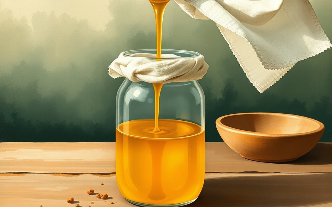 Painted illustration of clear golden ghee being strained into a vessel
