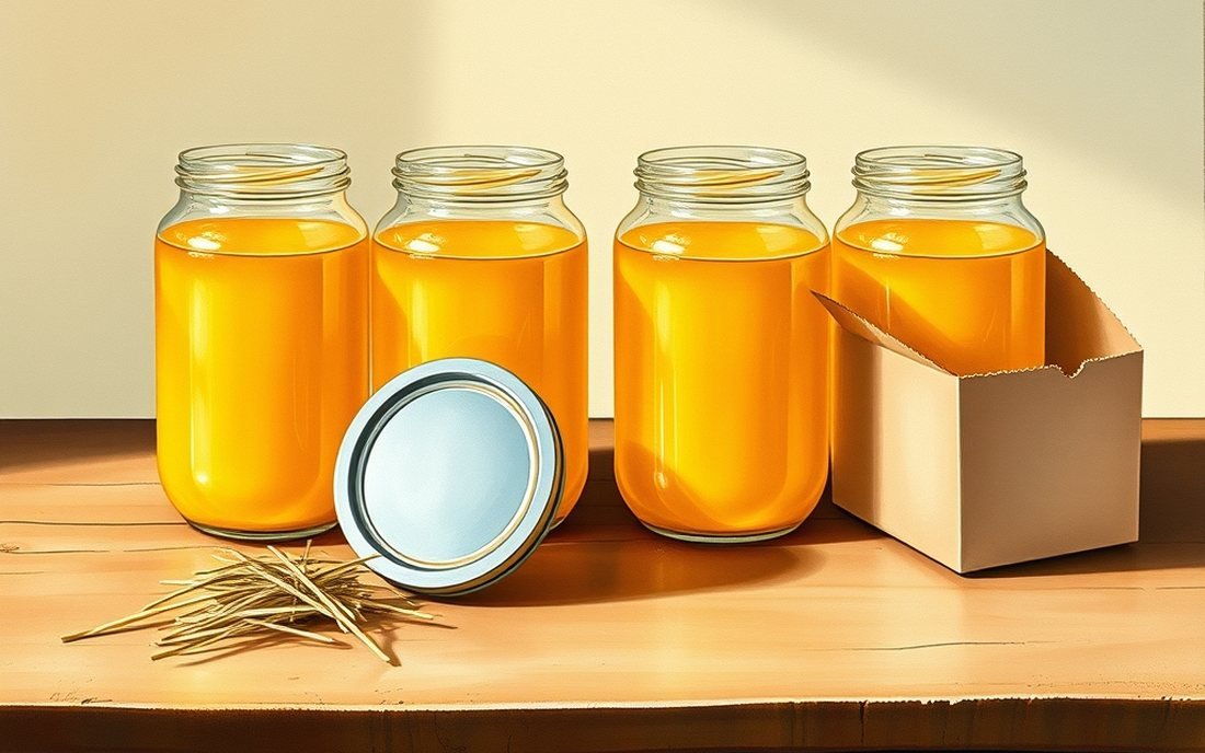 Painted illustration of glass ghee jars being filled and packed by hand